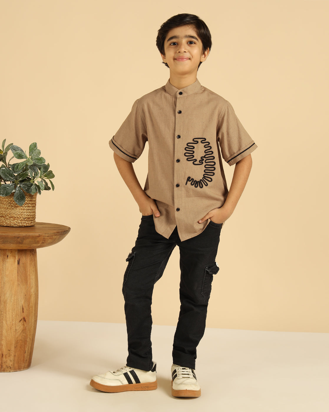 Embroidered Beige Casual Boys Shirt