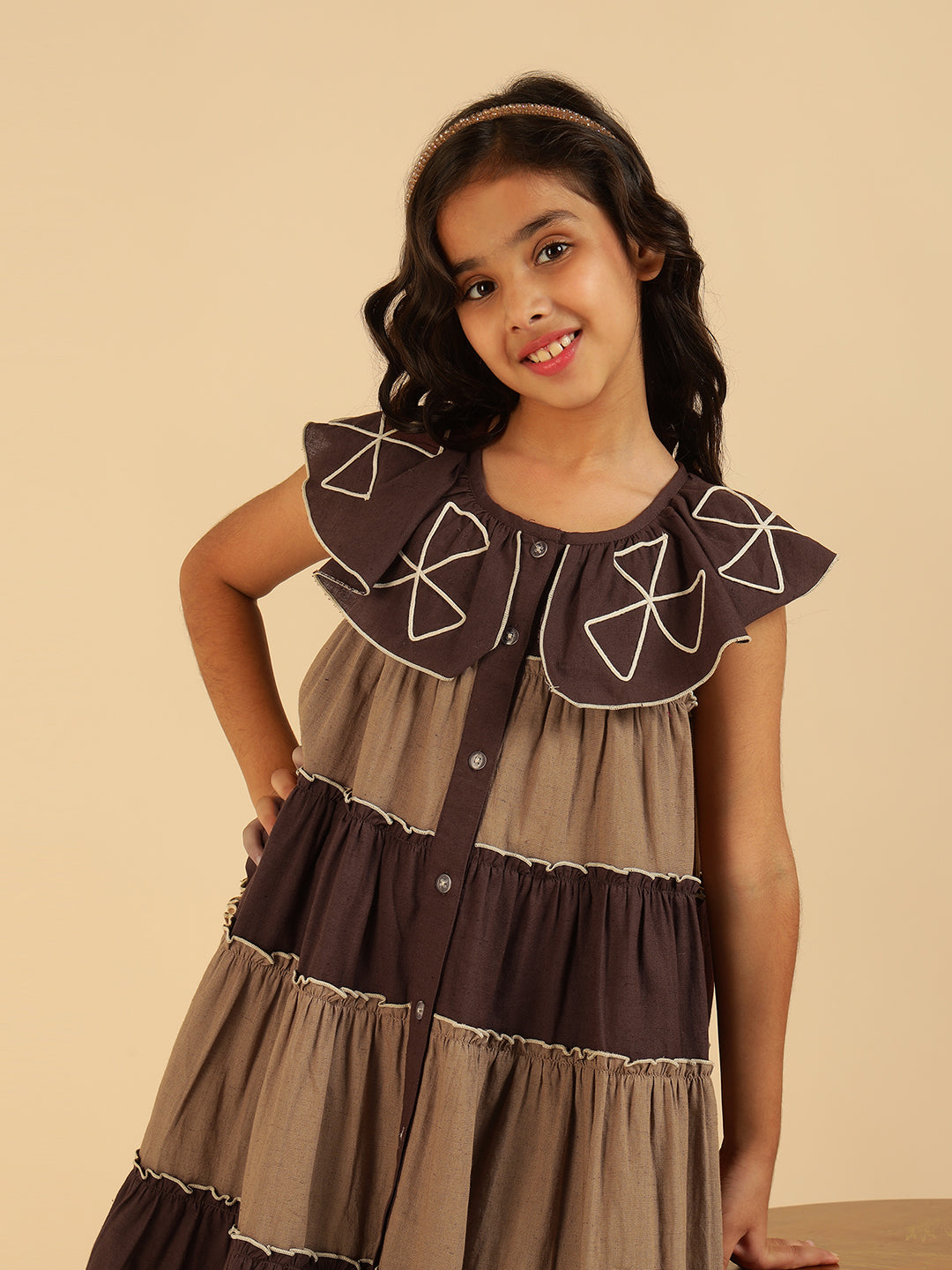 Pure Cotton Colorblock Embroidered Tiered Girls Dress