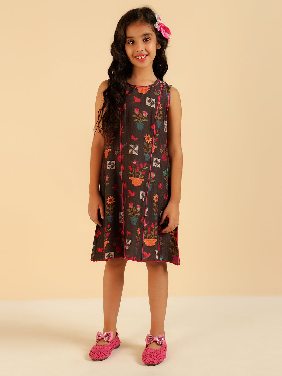 Brown Multi Color Floral Panel Girls Dress