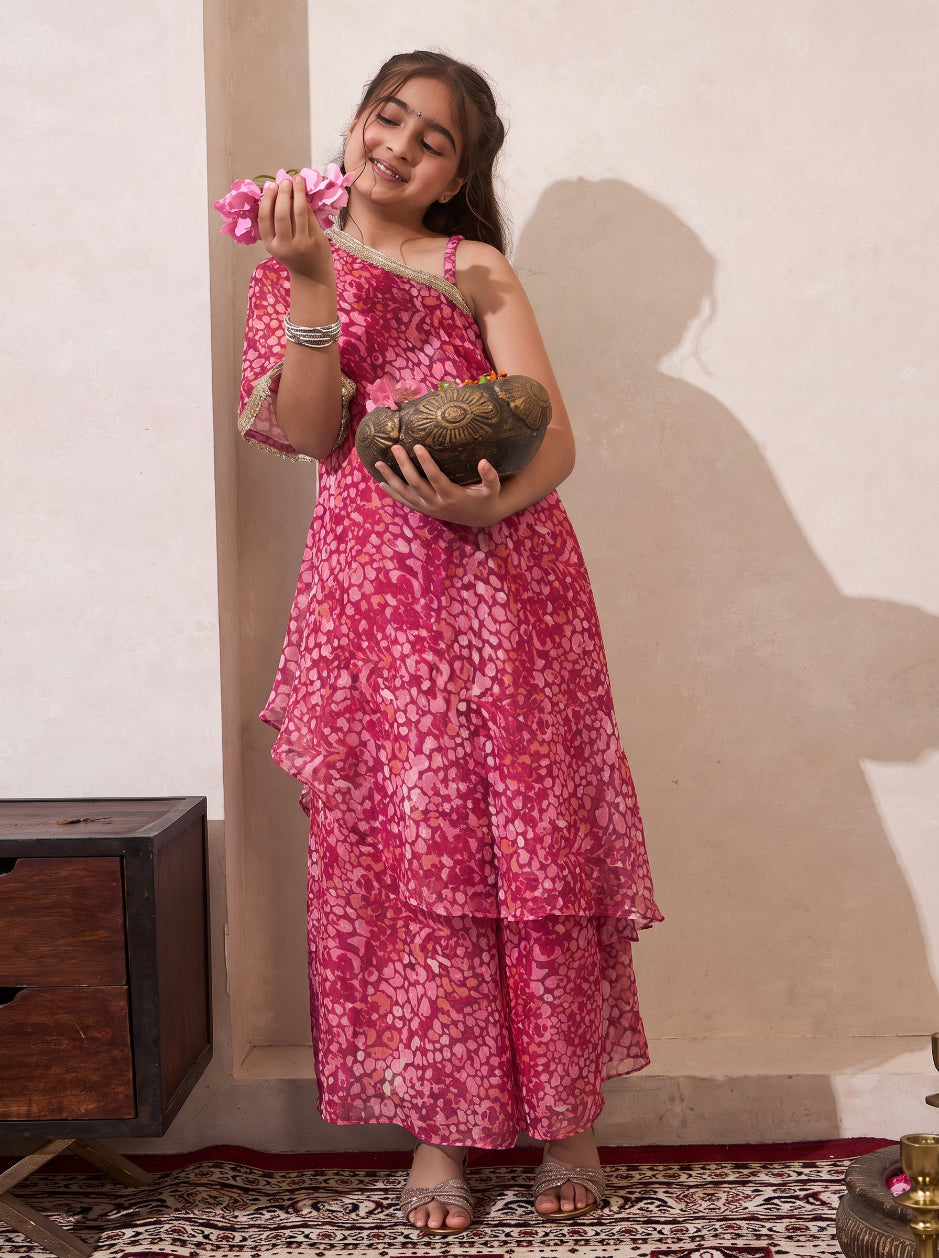 Pink Polka Chiffon One Shoulder Kurta With Palazzo