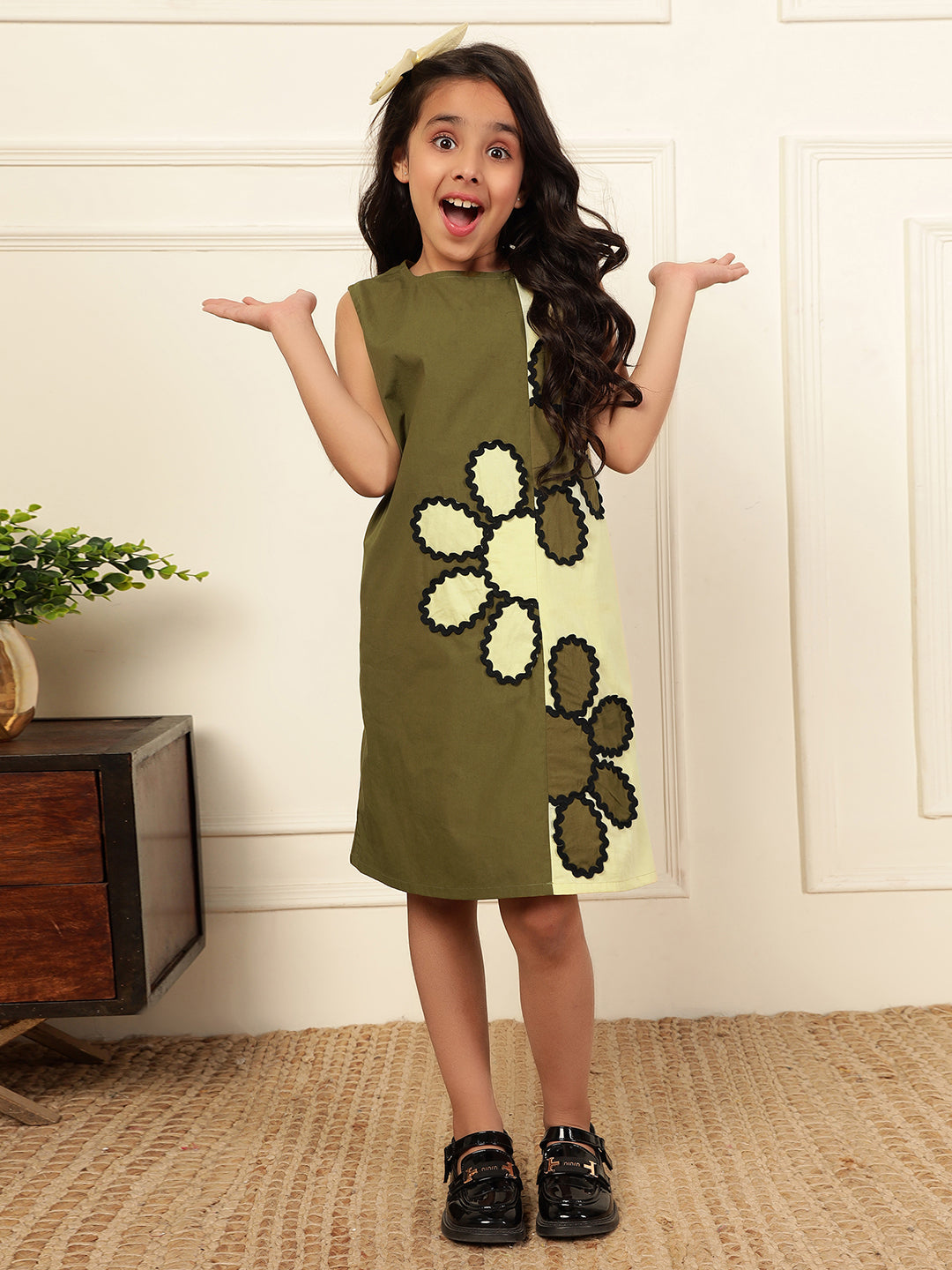 Olive Green & Lemon Yellow Fun Patch Dress