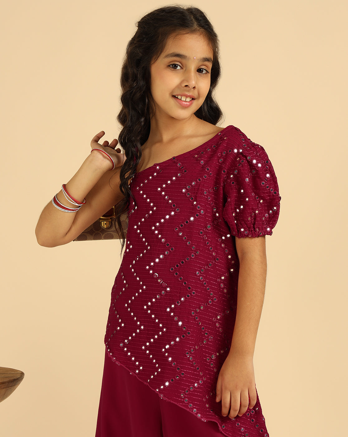 Magenta Embroidered One Shoulder With Palazzo Girls Co-Ord Set