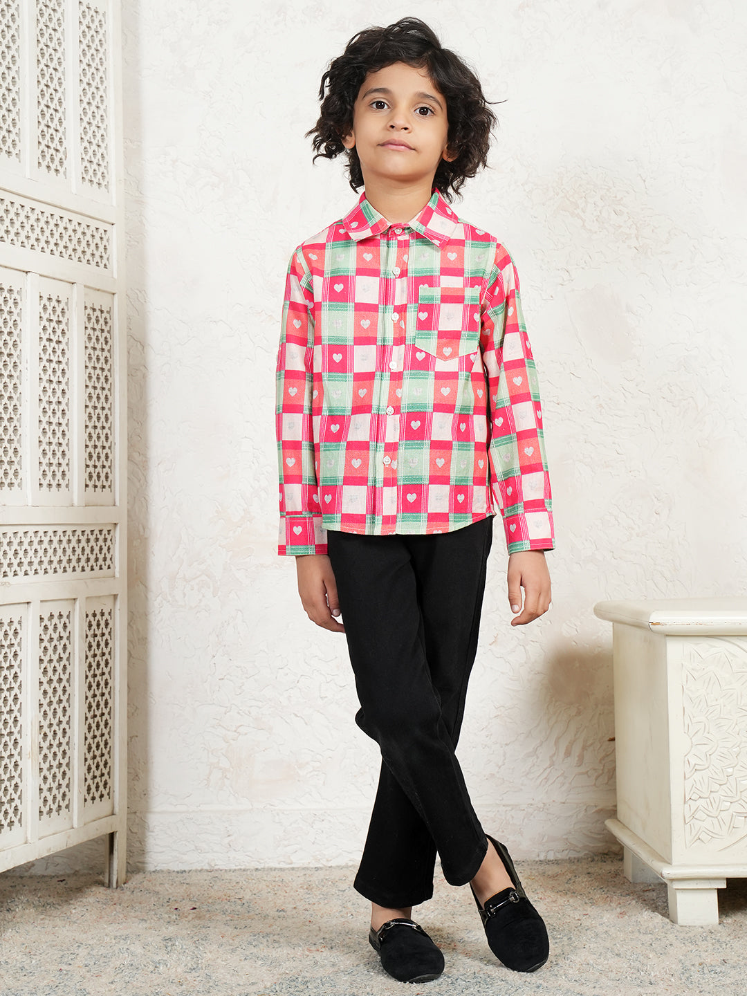 Heart Print Check Shirt For Boys
