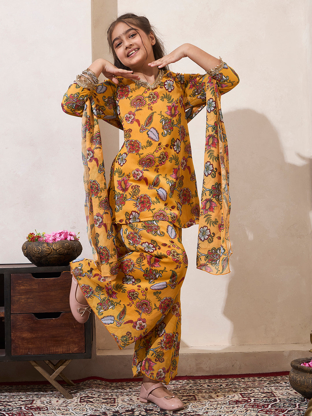 Girl's Multi Color Fusion Wear Kurta & Palazzo With Dupatta Set