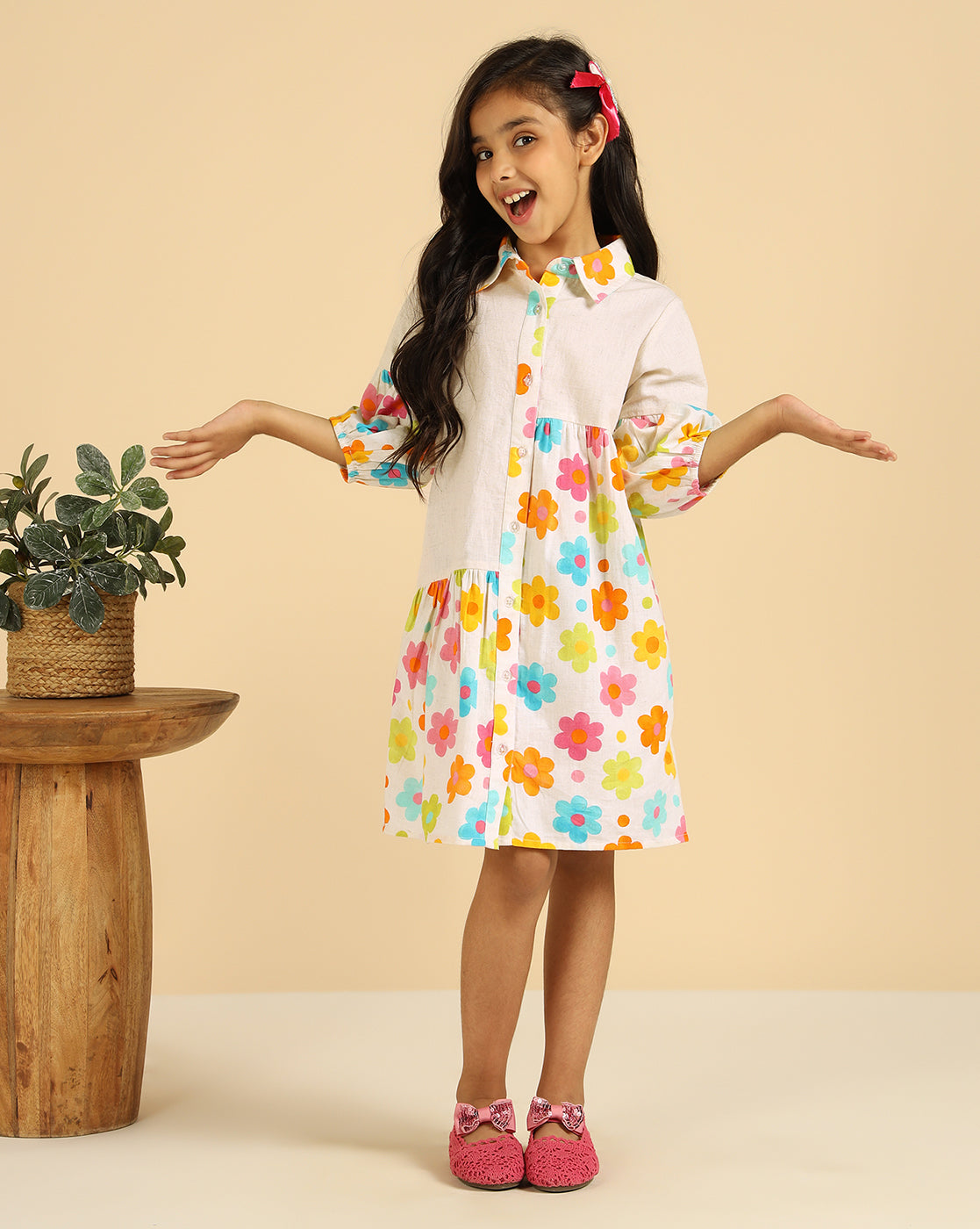 Off White Pure Cotton With Floral Printed Blocking Girls Tiered Shirt Dress