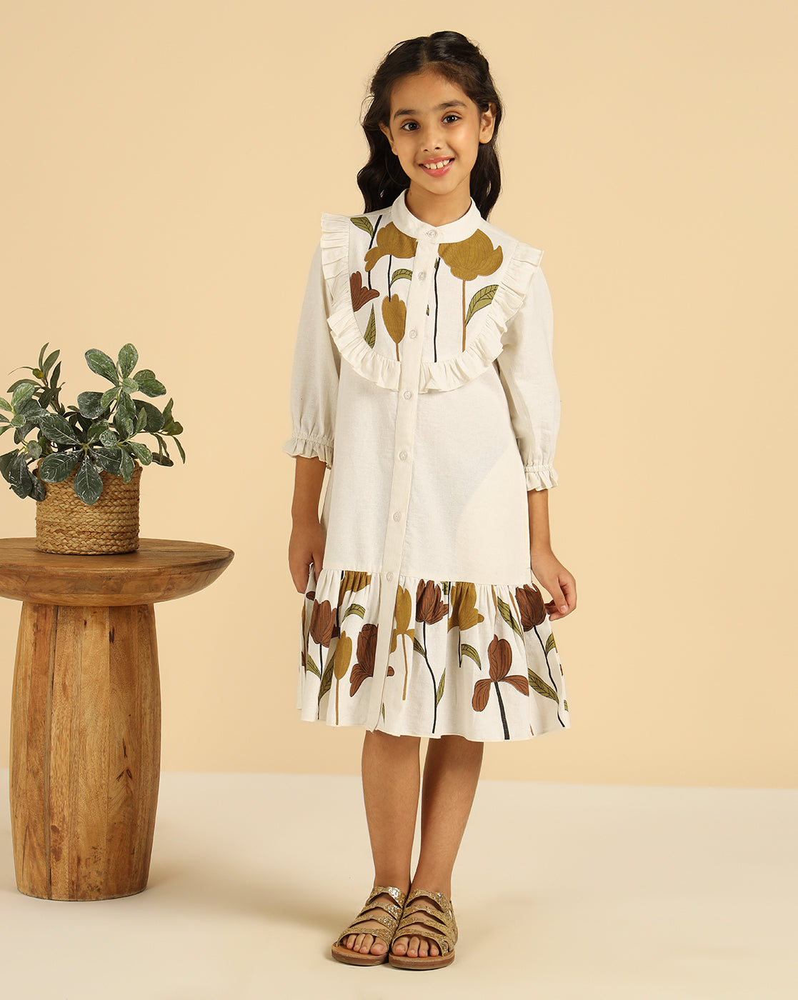 Off White Pure Cotton Floral Printed Girls Tiered Shirt Dress