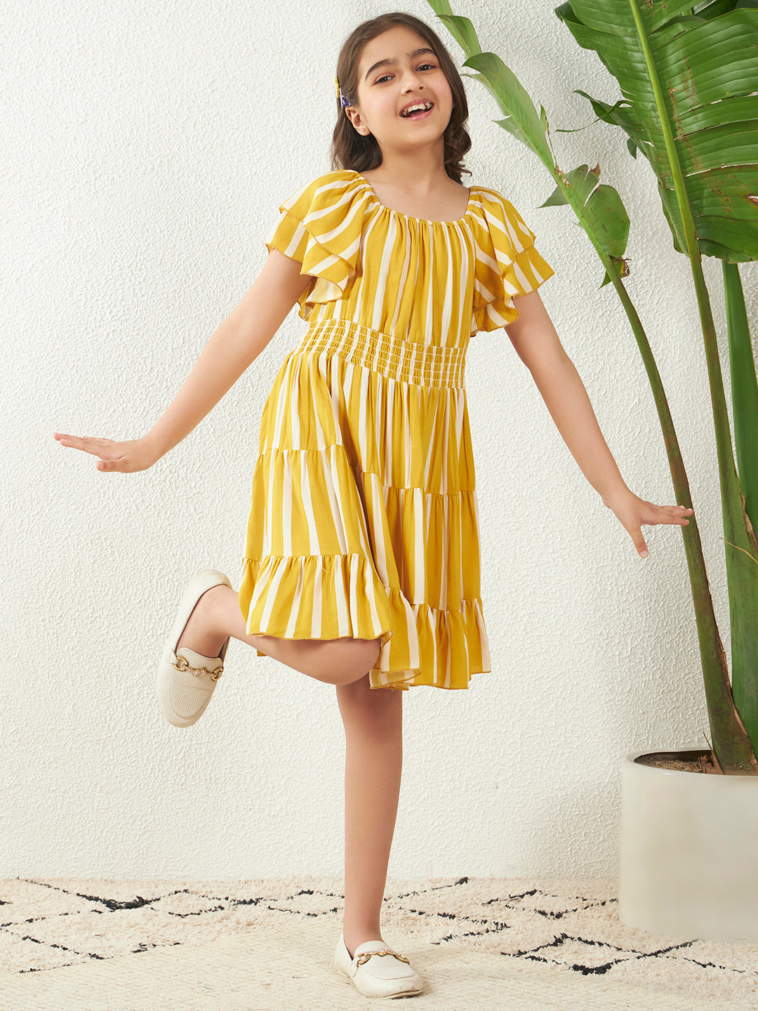 Rayon Yellow Bell Sleeves Striped Tiered Knee Length Dress