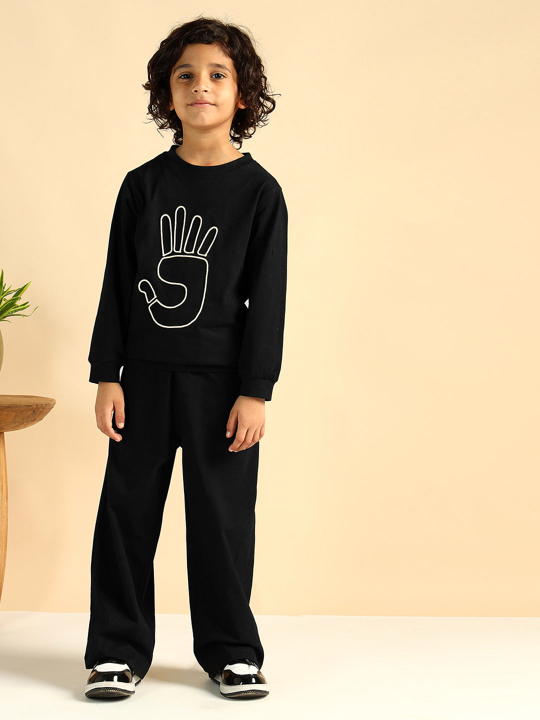 Black Pure Cotton Embroidered Co-Ord Set For Boys