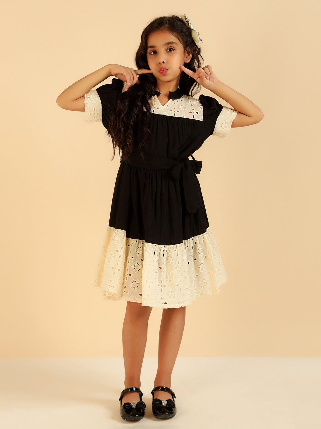 Pure Cotton Embroidered Schiffli Black Tiered Girls Dress