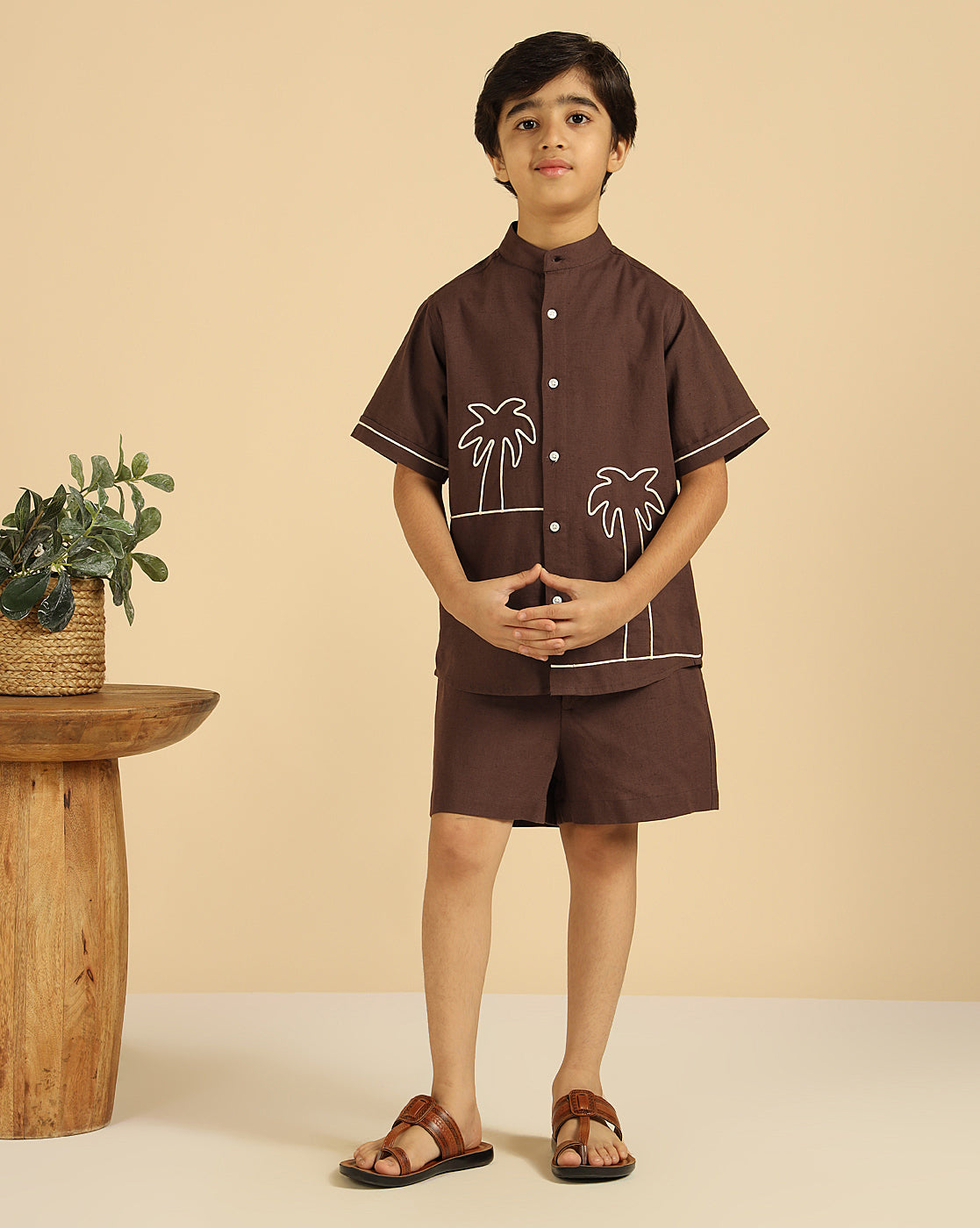 Brown Pure Cotton Embroidered Shirt With Shorts Boys Co-Ord Set