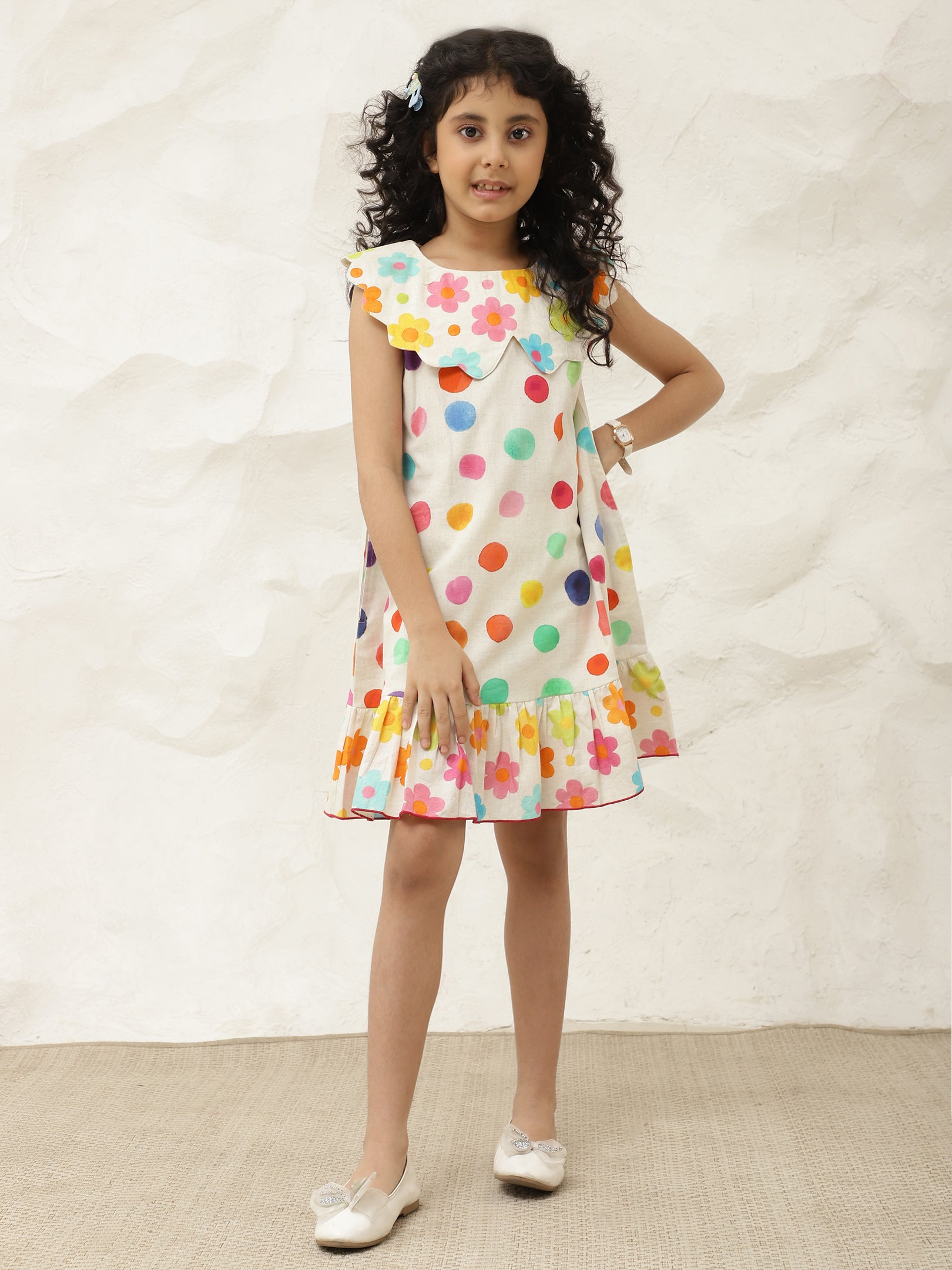 Pure Cotton Multicolor Scalloped Collar A-Line Dress