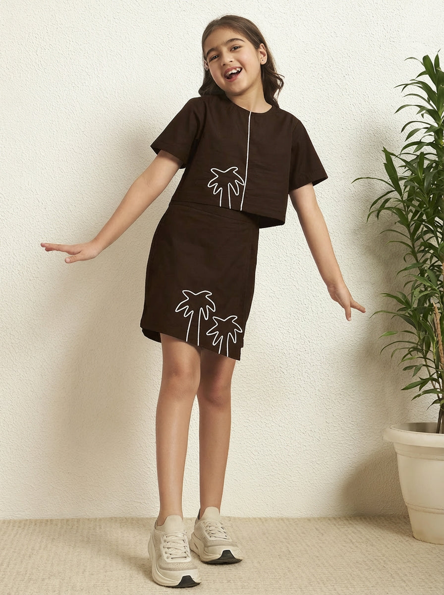 Brown Cotton Poplin Solid Round Neck Girls Co-Ord Set