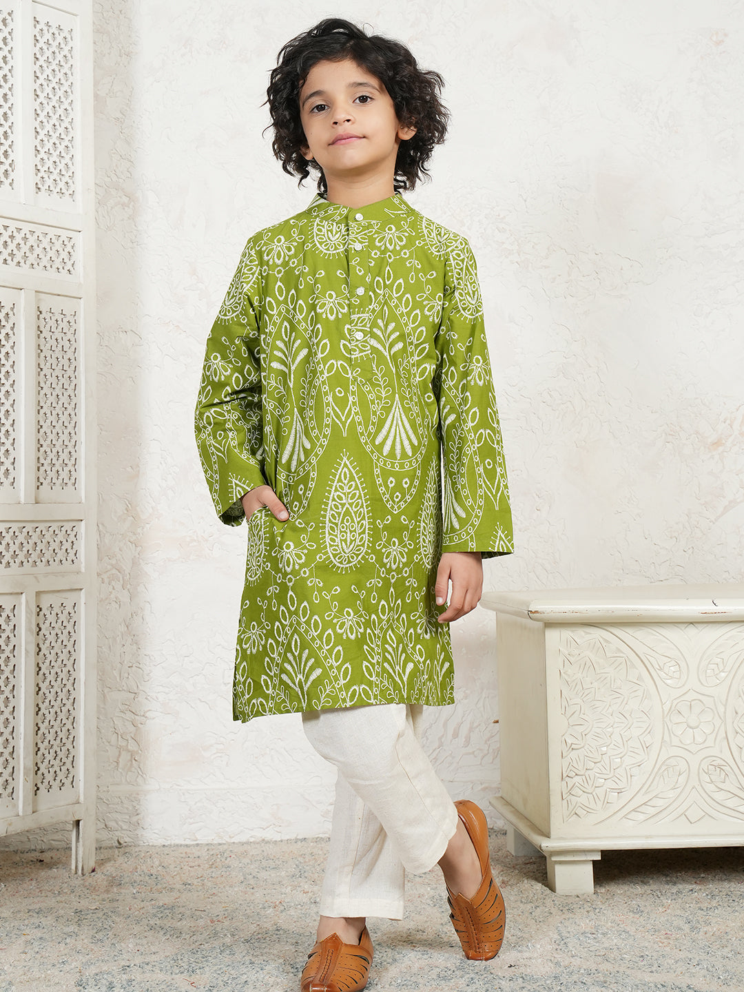 Green Embroidered Boys Kurta
