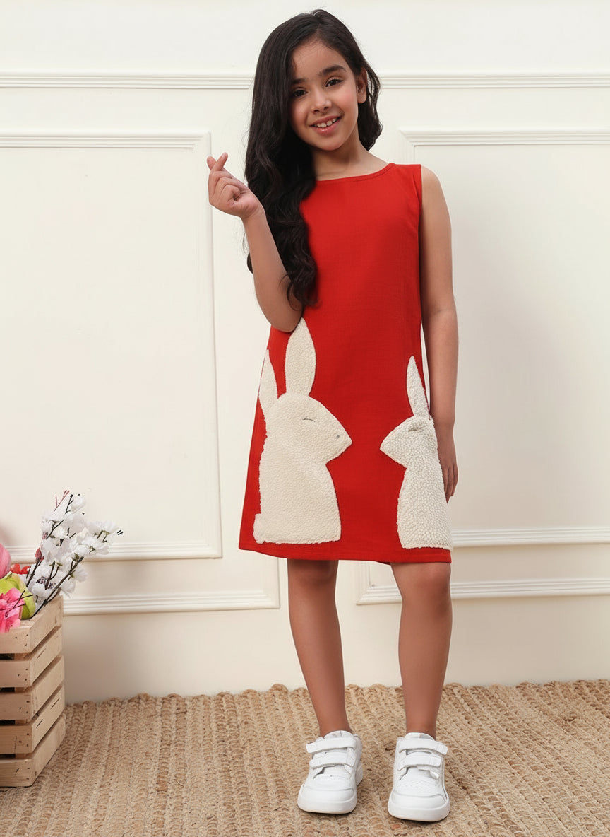 Playful Bunny Cotton Gauze Dress For Kids