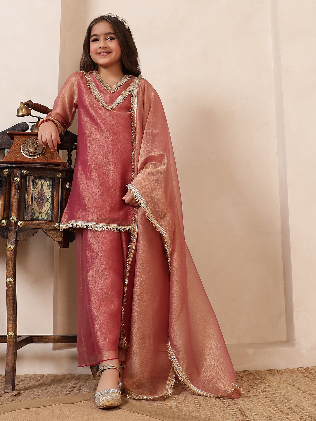 Peach Tissue 3 Pieces Co-Ord Set