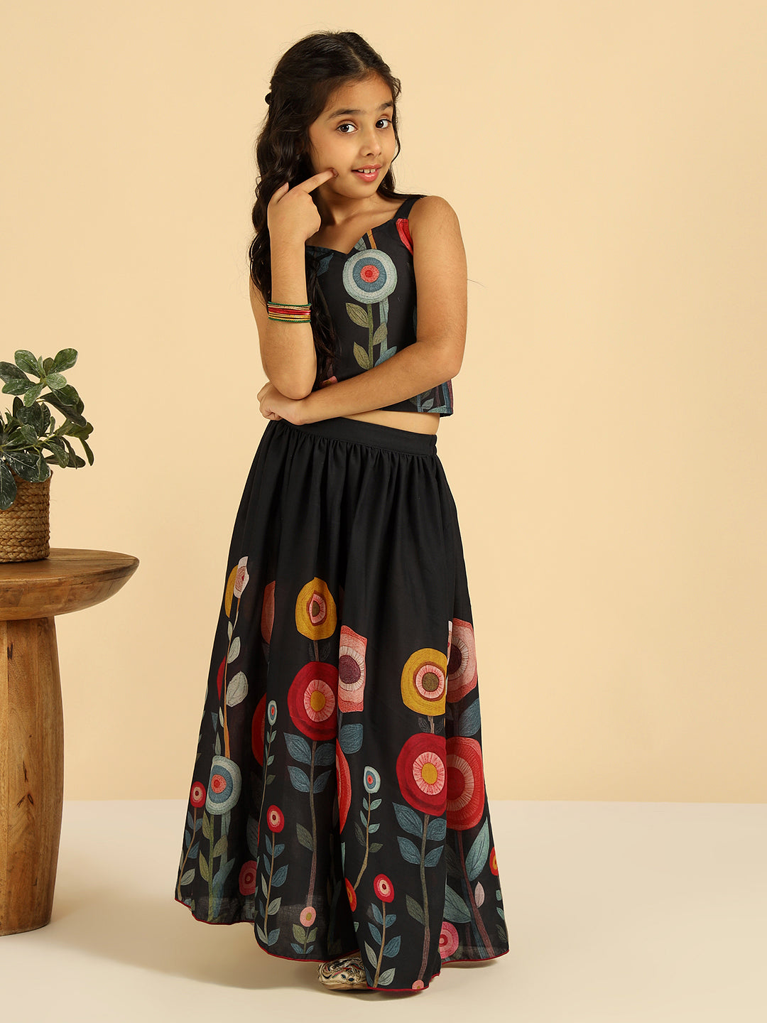 Black Floral Top With Skirt Indo Western Girls Co-Ord Set