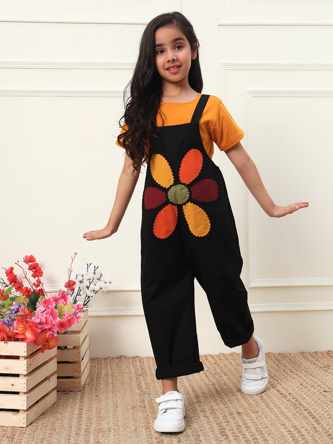 Multicolor Big Flower Patch Girls' Jumpsuit (T-shirt not included)