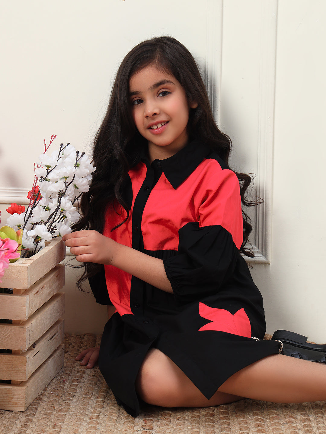 Black & Pink Colorblock Gathered Dress