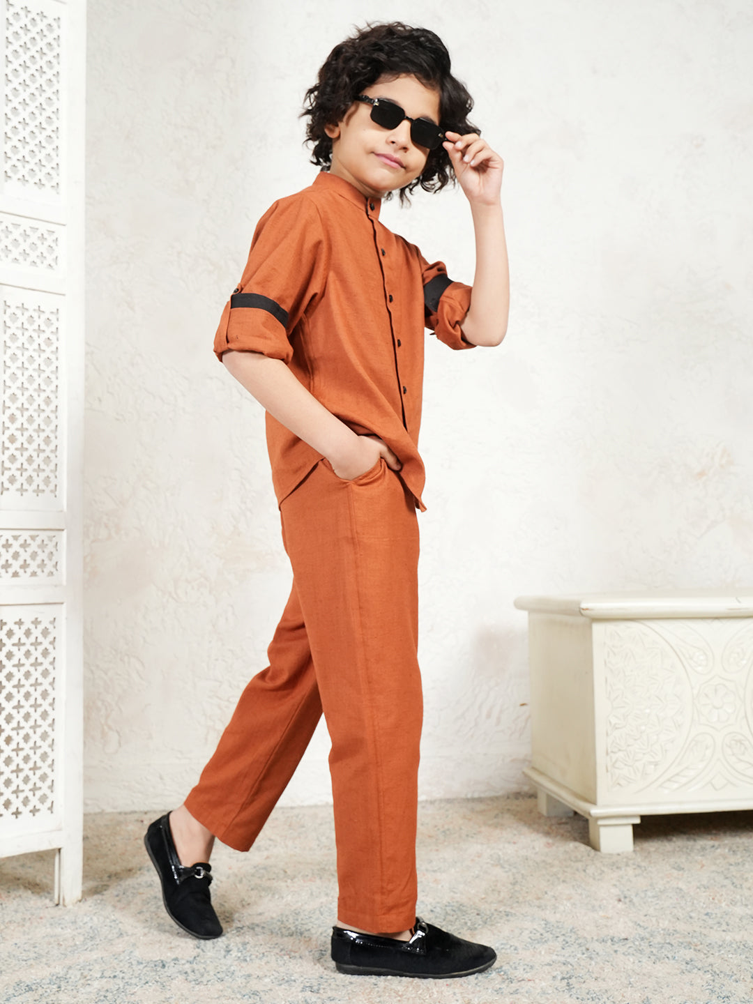 Tan Brown Pure Cotton Flex Co-Ord Set For Boys