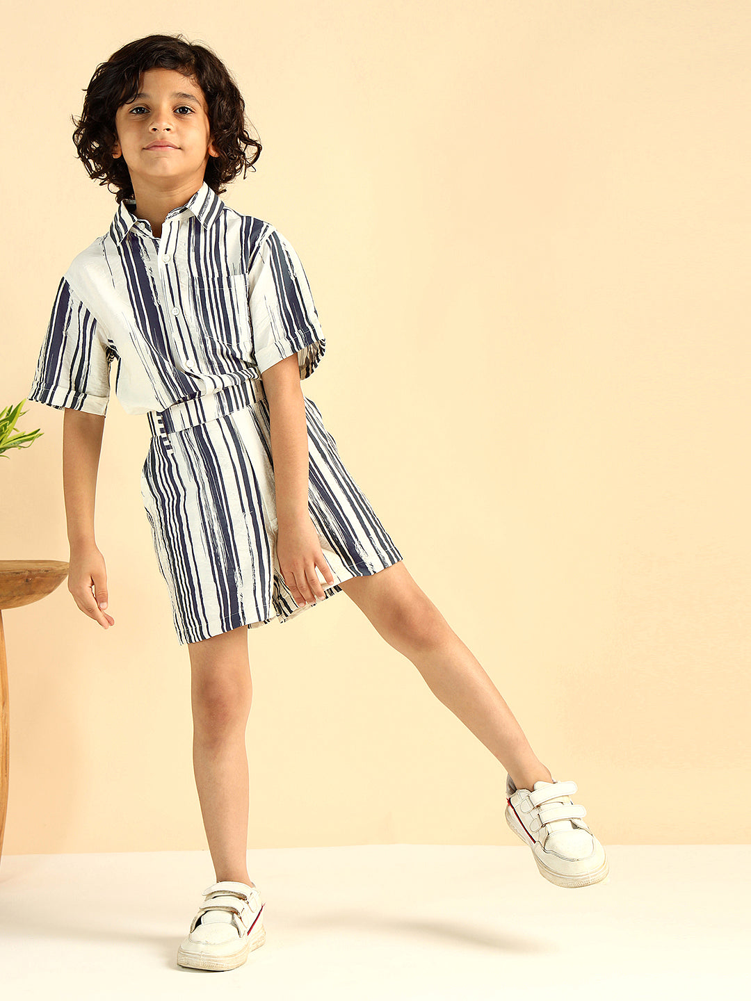 Grey Striped Shirt With Shorts Boys Co-Ord Set