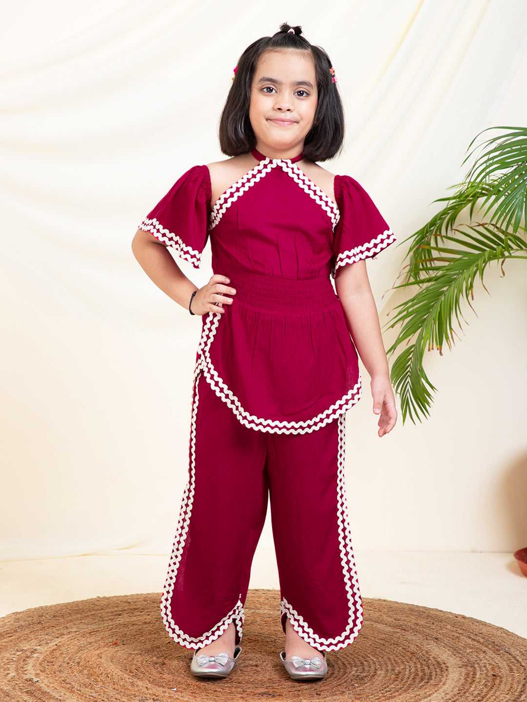 Solid Halter Neck Peplum Top With Slit Pants