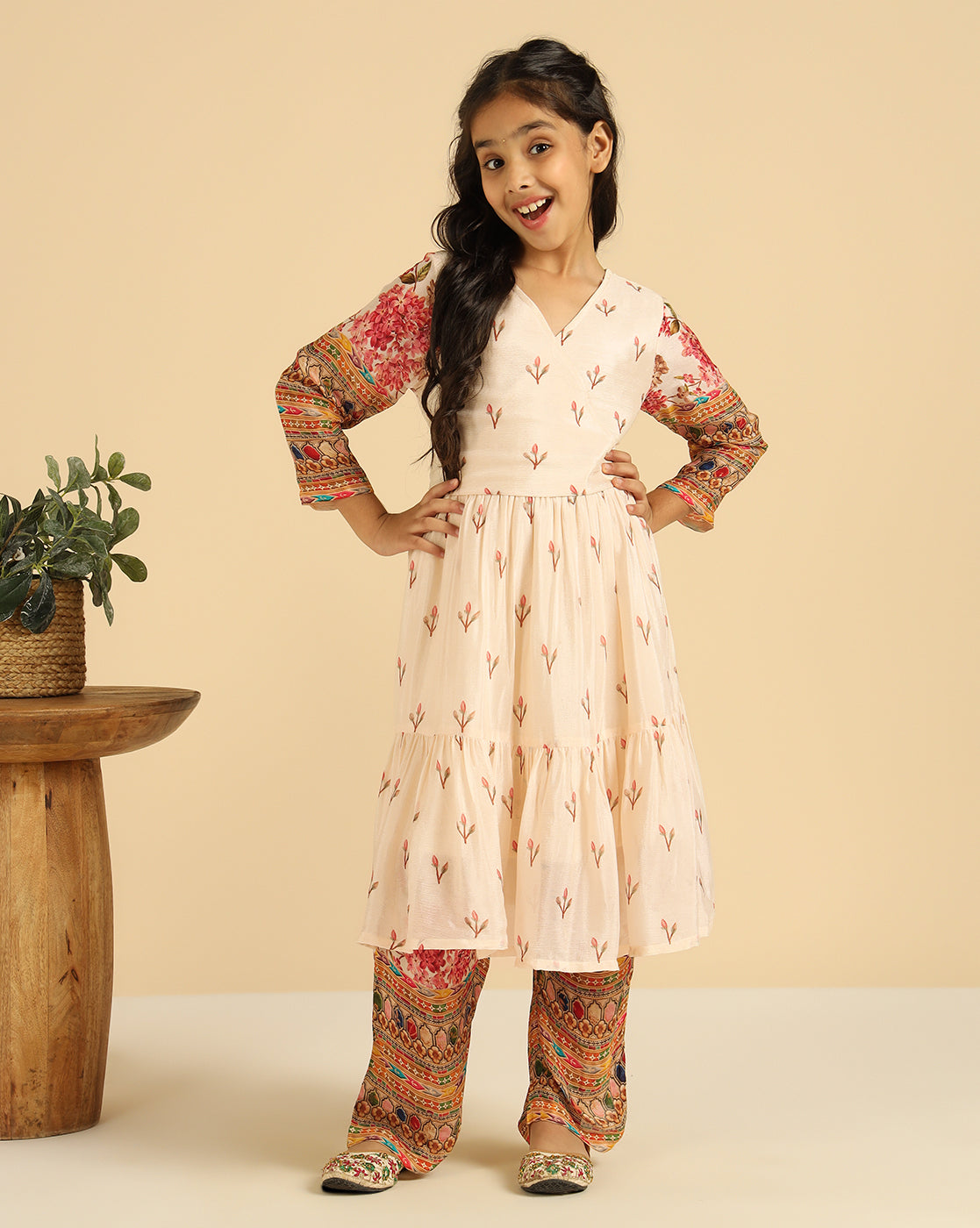 V-Neck Tiered Kurta With Pant Indo Western Girls Co-Ord Set