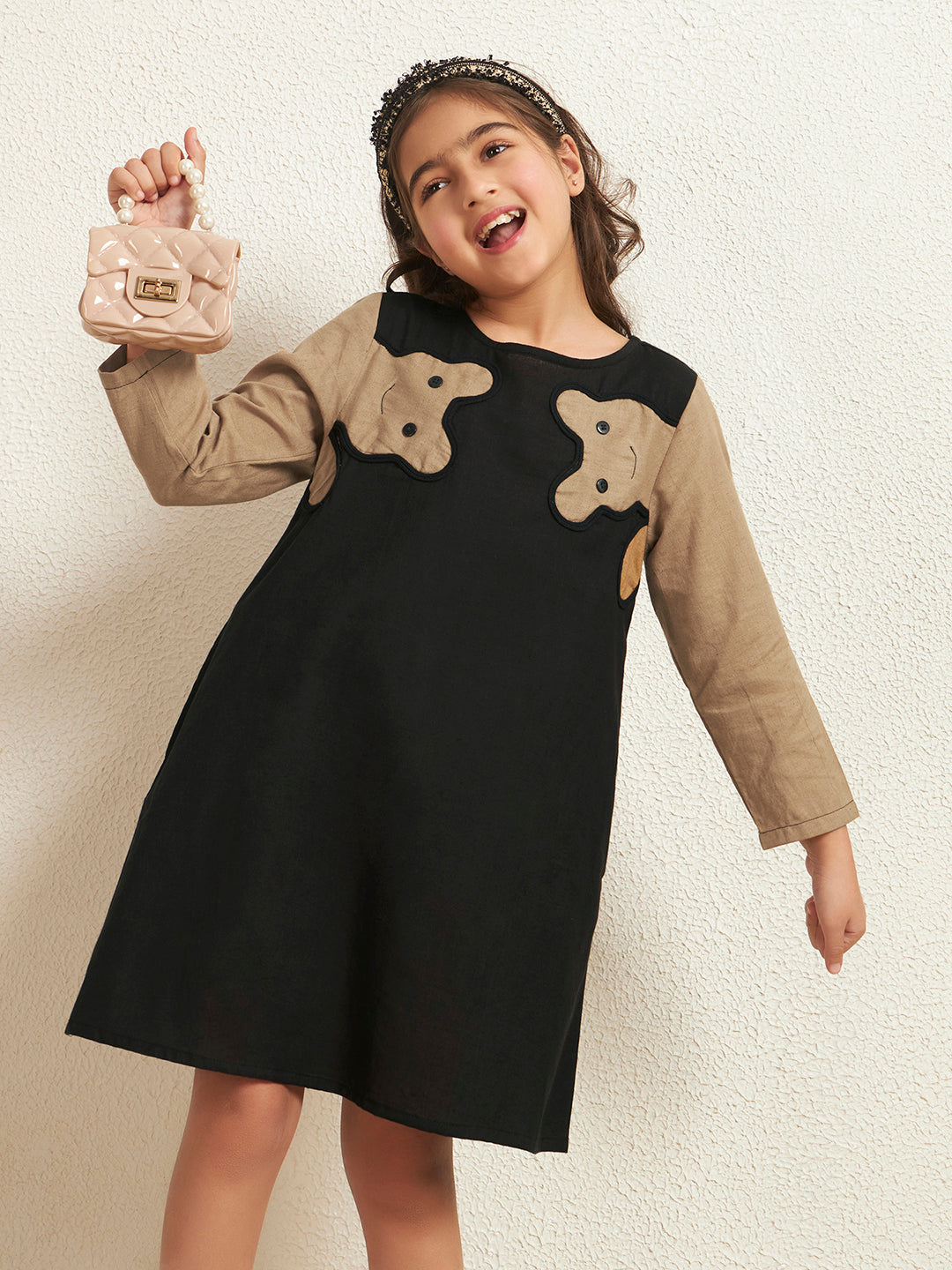 Girl's Black Cotton Flex Solid A-Line Style Dress