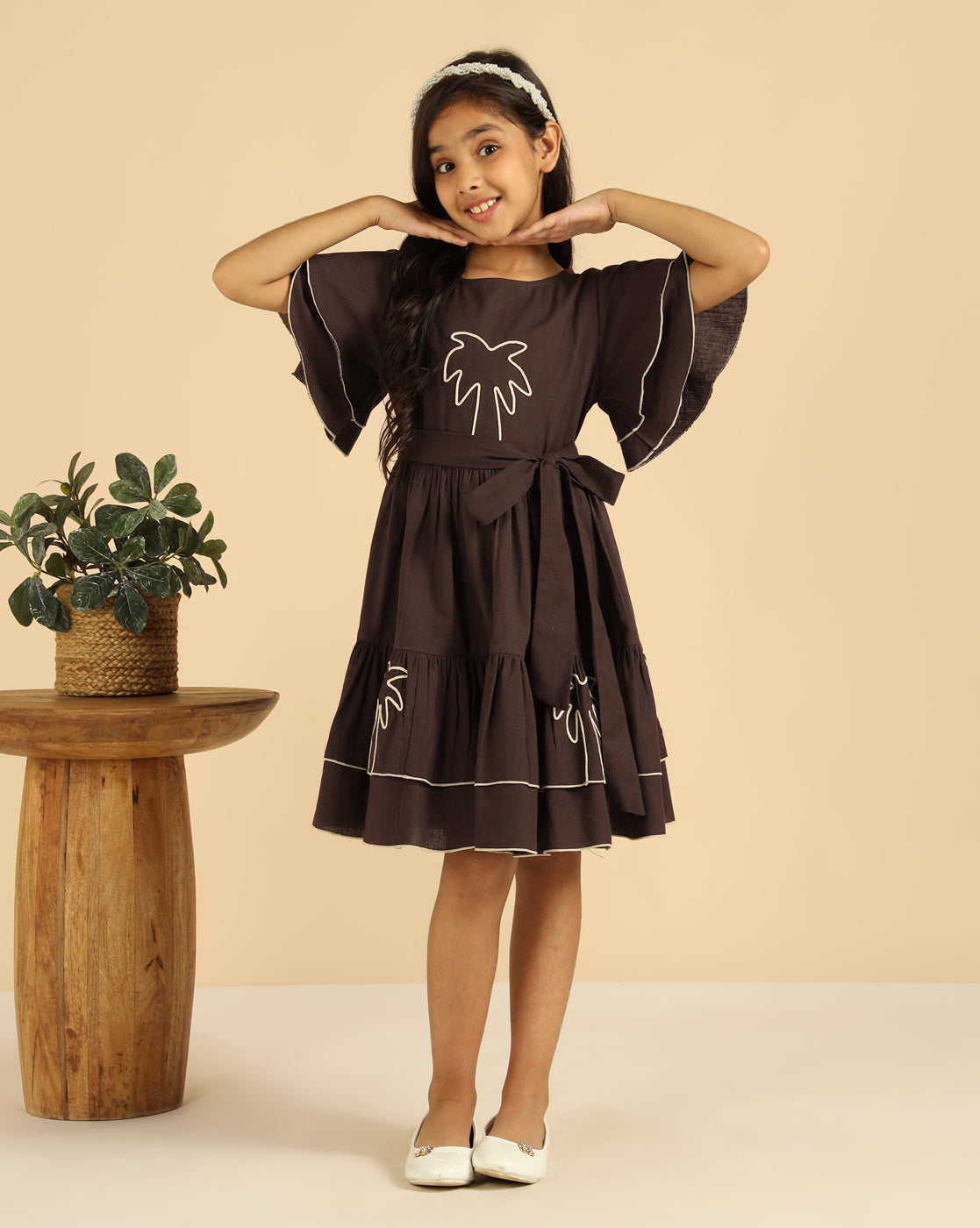 Brown Embroidered Palm Motif Pure Cotton Girls Dress