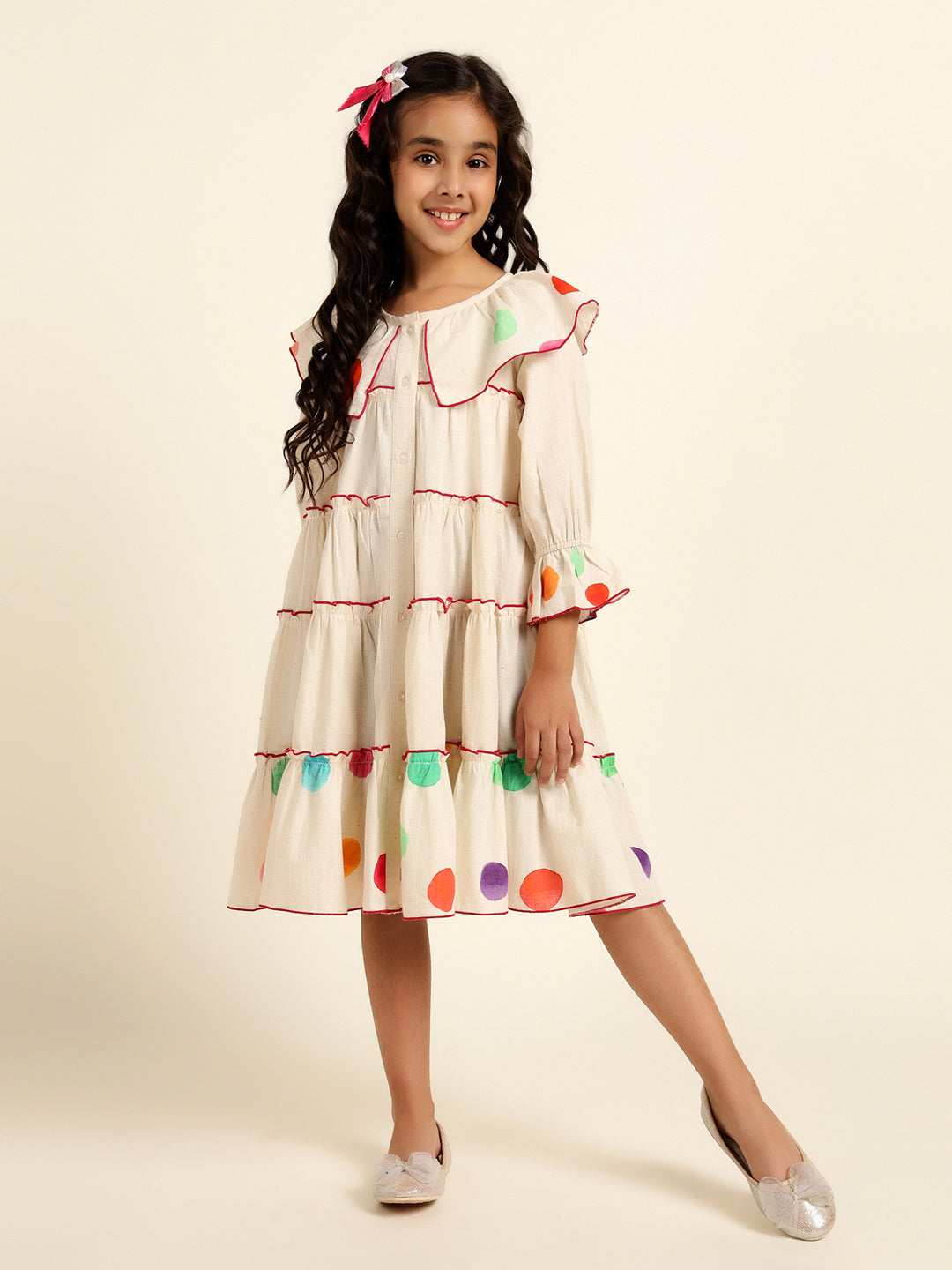 Polka Print Tiered Shirt Dress For Girl