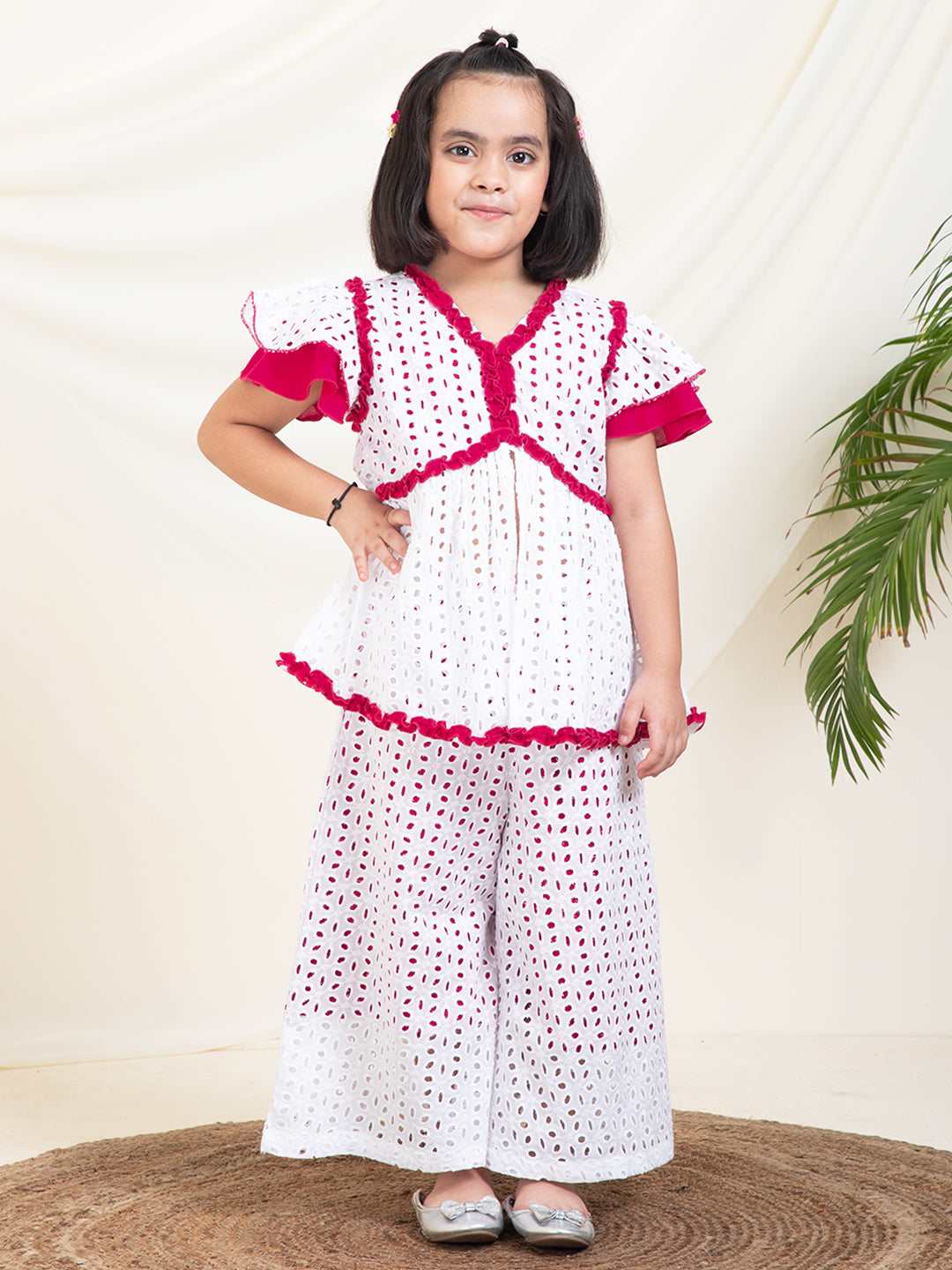 Embroidered Schiffli Peplum Top With Palazzo