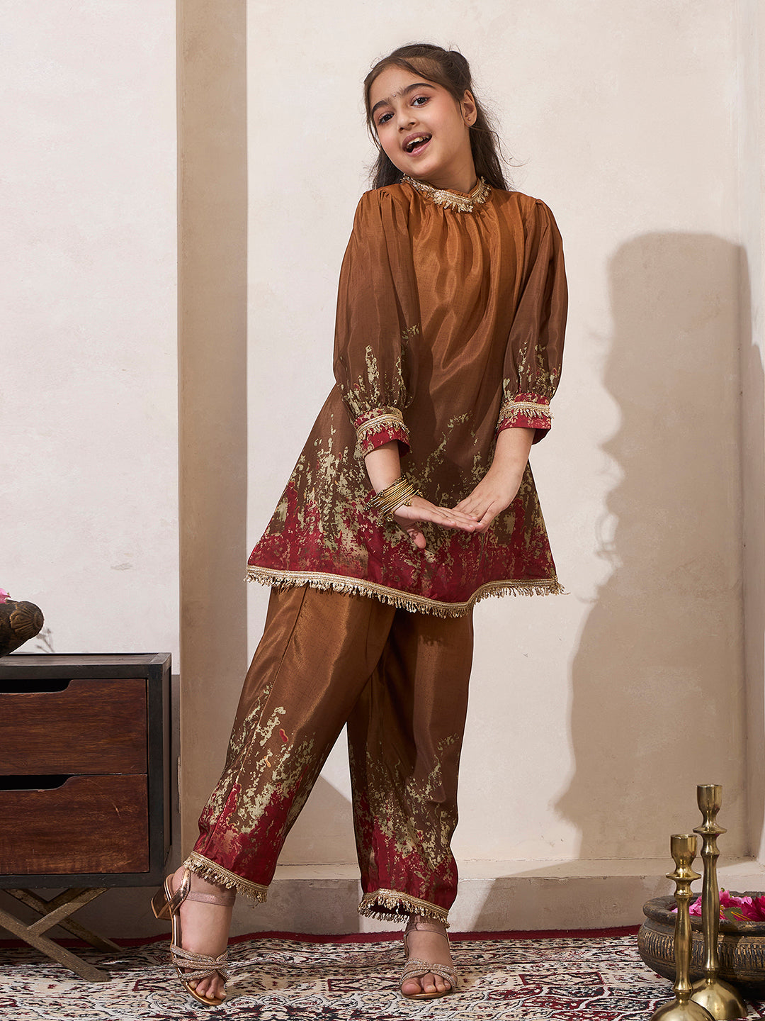Tie-Dye Mustard Gathered Neck Kurta With Pant