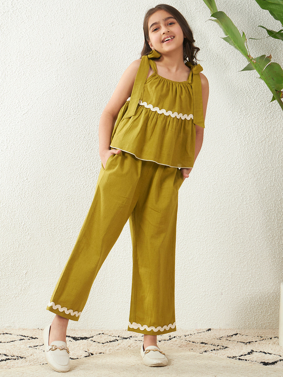 Olive Green Cotton Flex Shoulder Straps Top With Pant Set