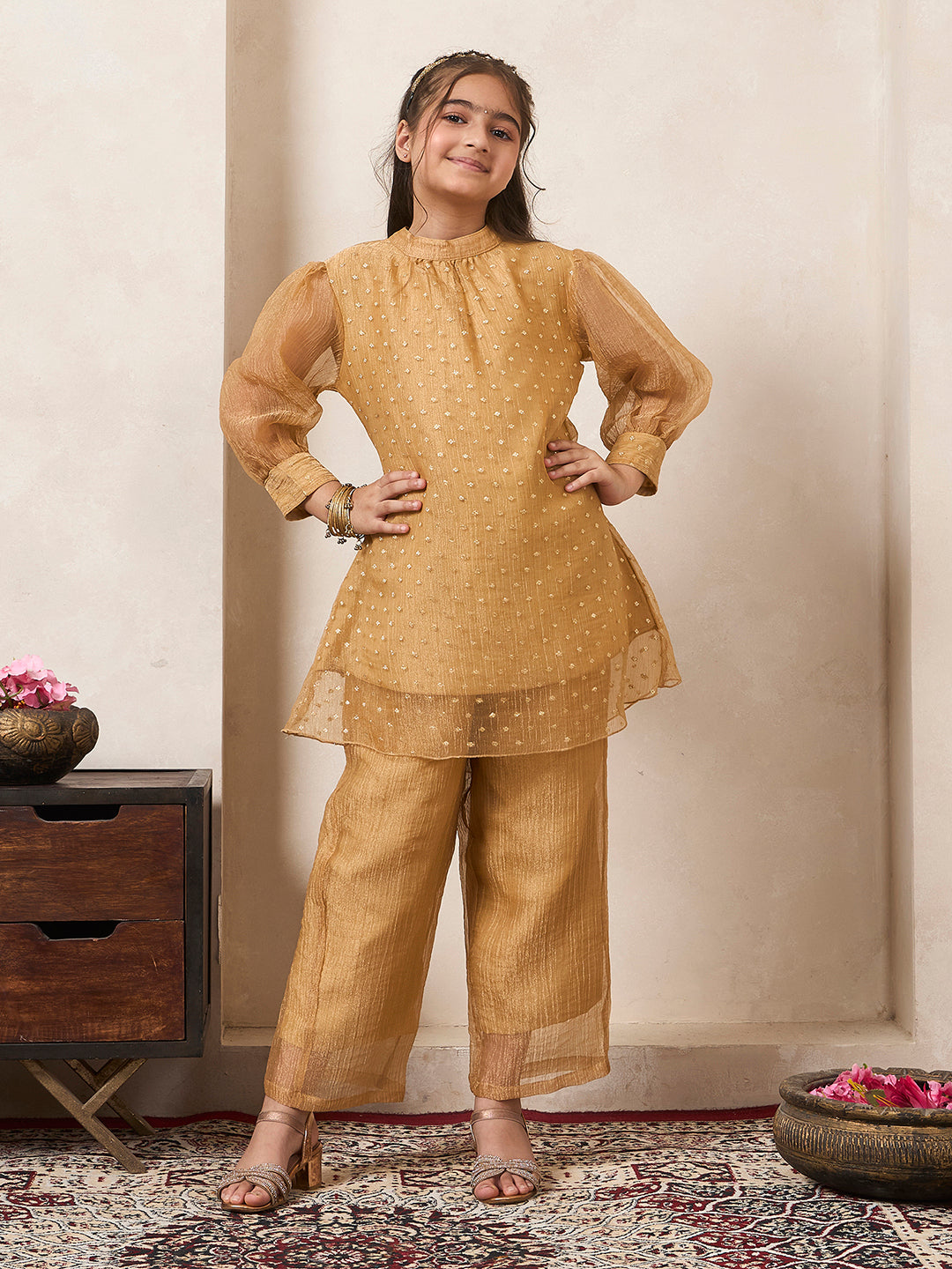 Golden Shimmer Butti Work Gathered Neck Kurta With Pant