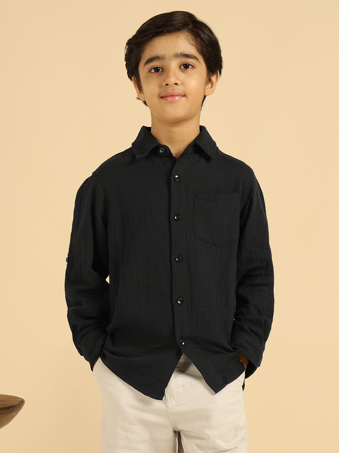 Black Pure Cotton Solid Boys Shirt
