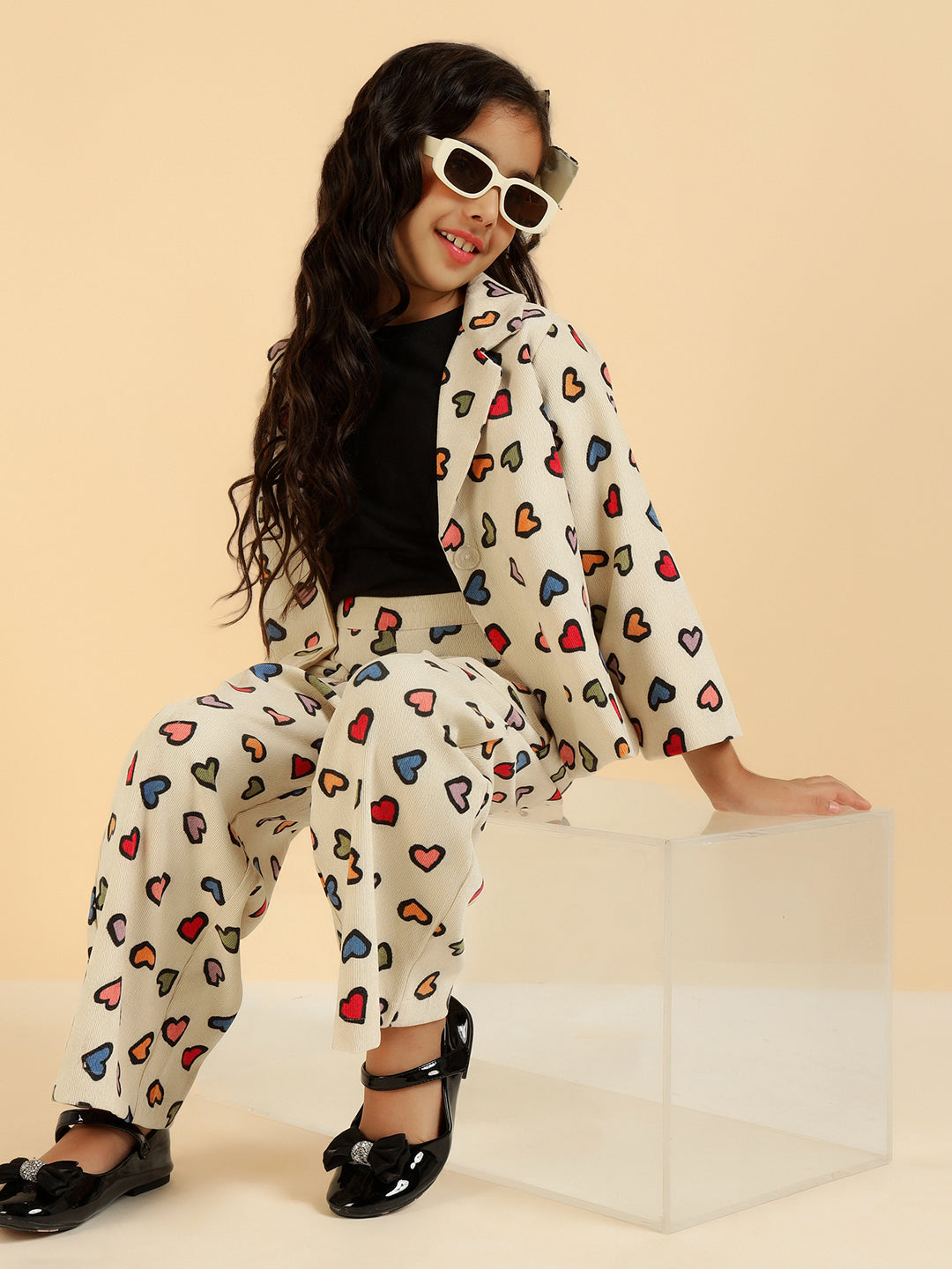 Heart Print MultiColor Patch Pocket Pant For Girl