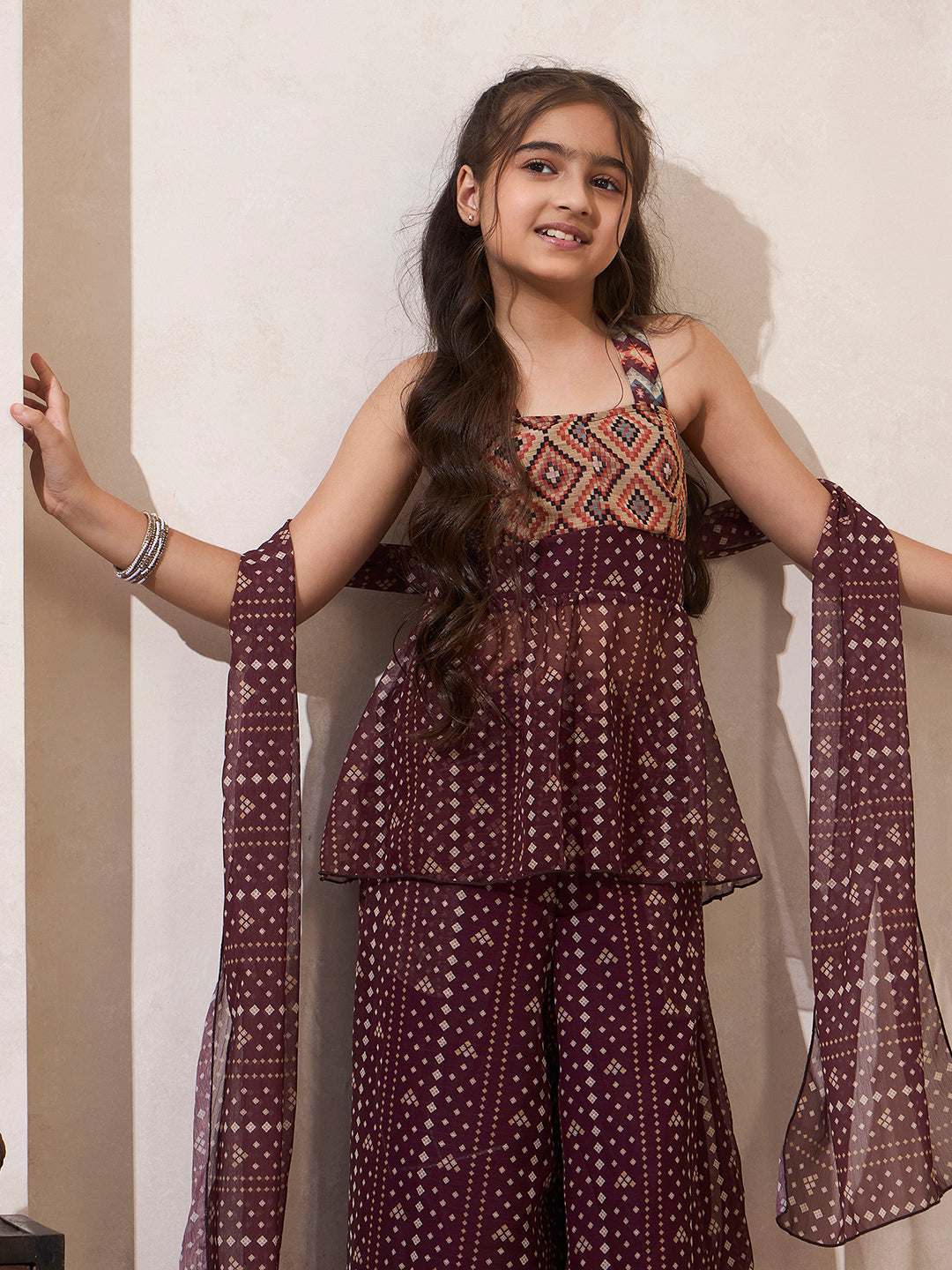B&hani Print Peplum Top & Palazzo With Dupatta