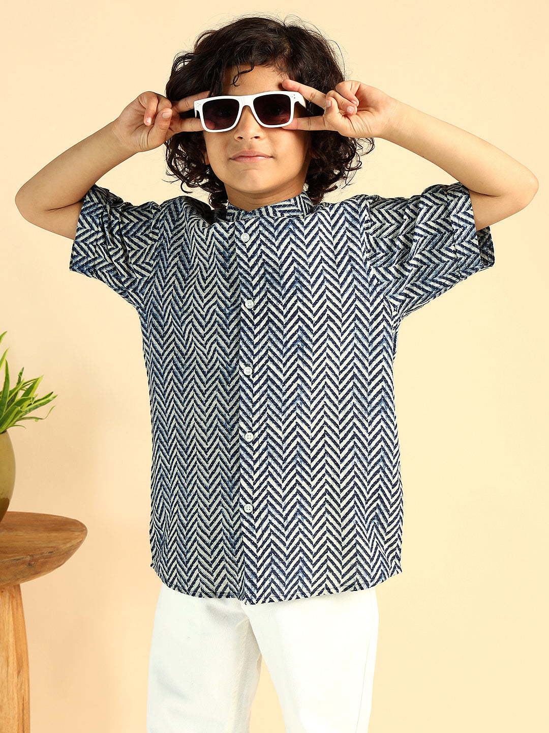 Blue Zig-Zag Pure Cotton Casual Boys Shirt