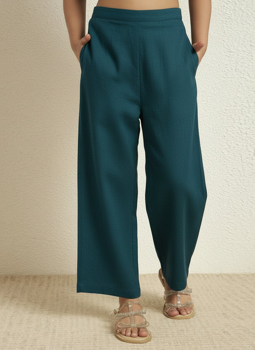 Girls Teal Blue Cotton Blazer With Pant Co-Ord Set