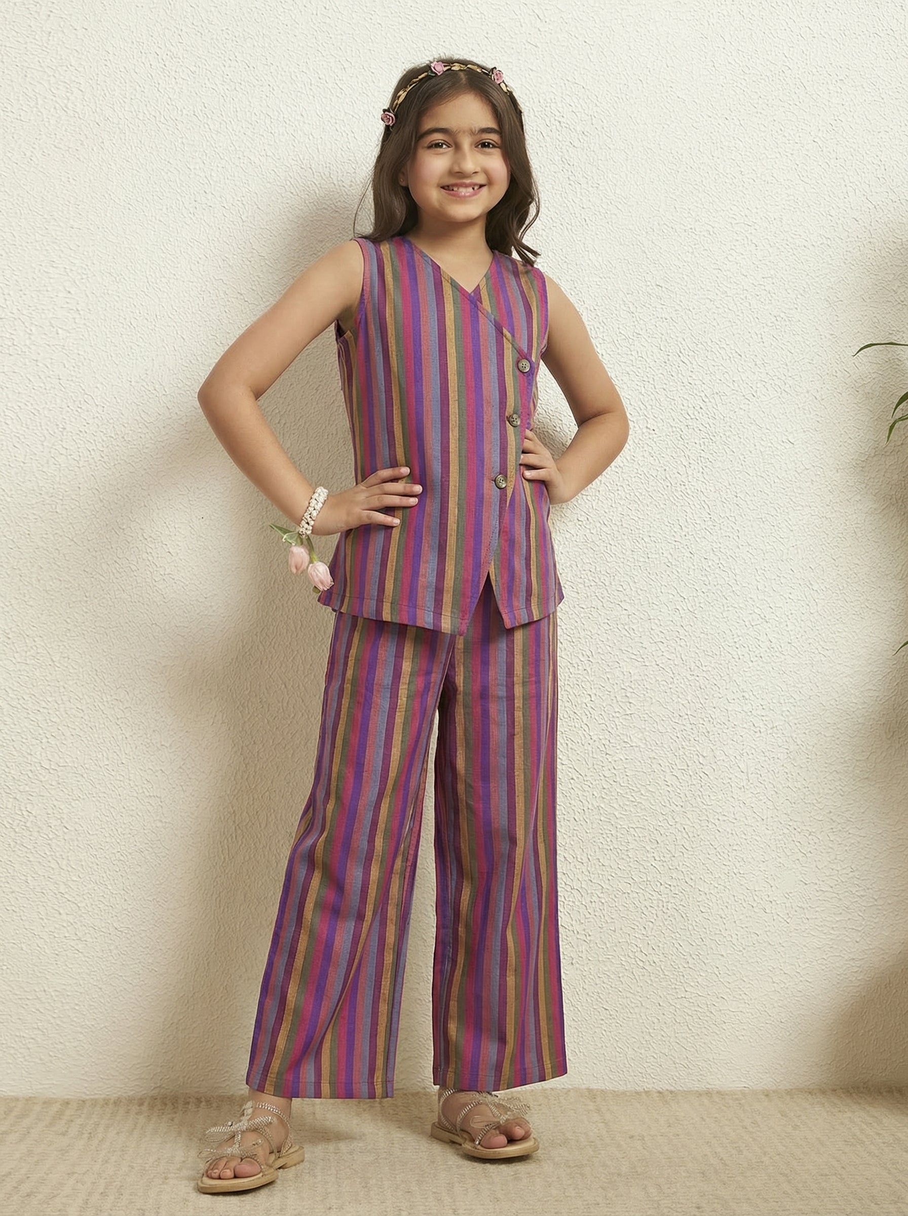 Girls Multicolor Cotton Blazer With Pant Co-Ord Set