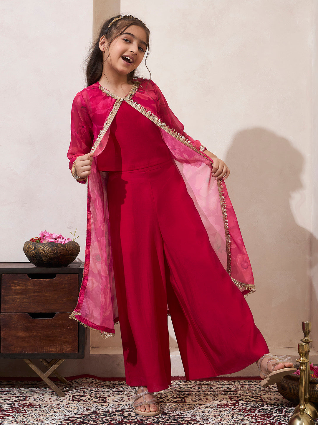Magenta Floral Print Shrug With Top & Palazzo Set