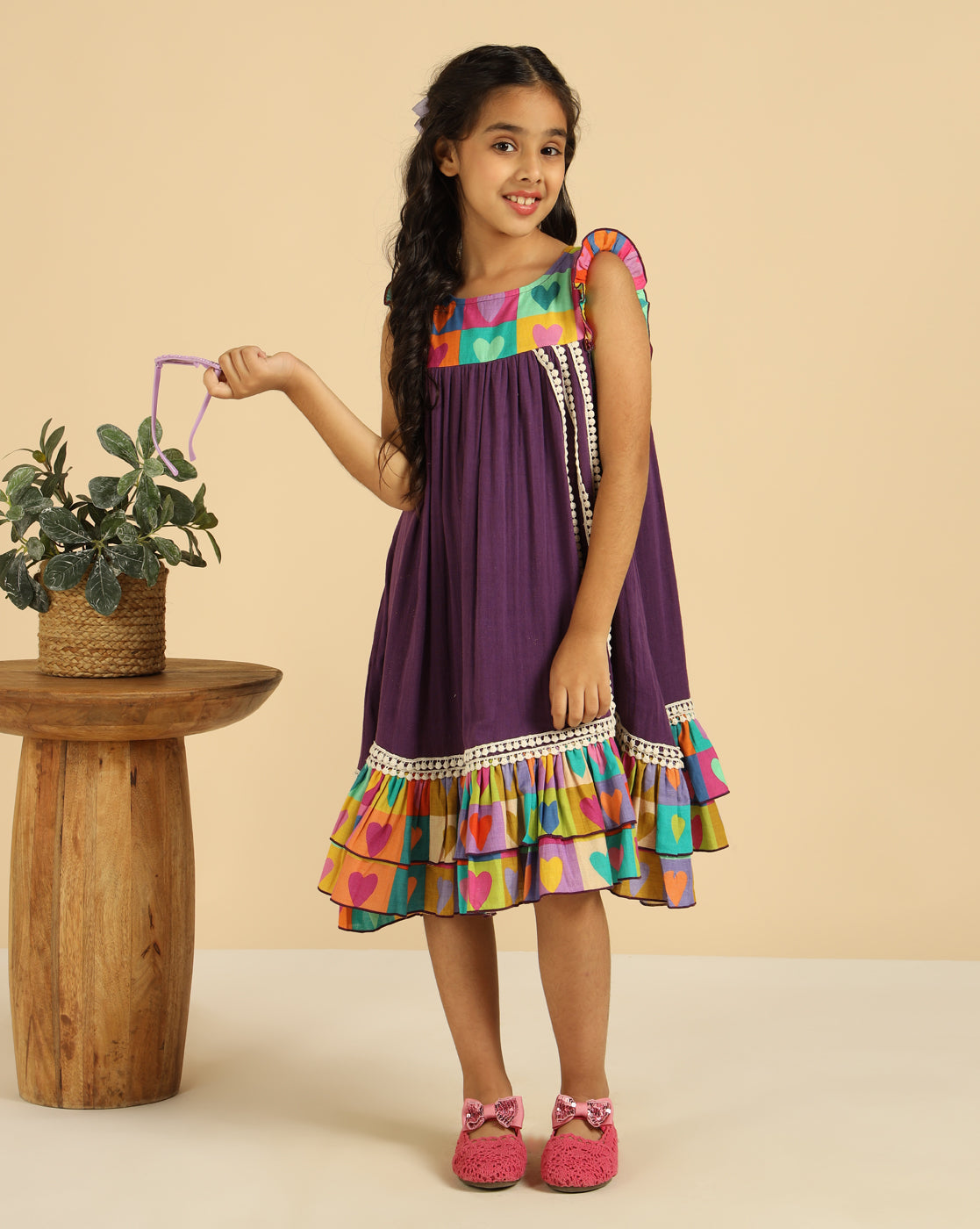 Multi-Color Heart Printed Tiered Girls Dress