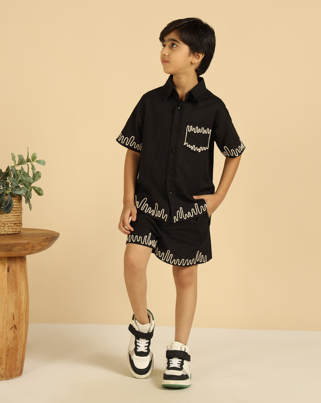 Black Embroidered Shirt With Short For Boys