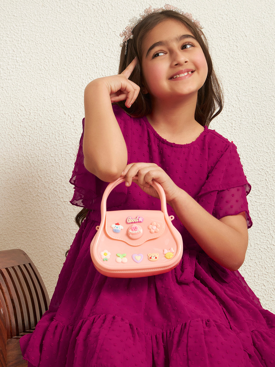 Girl's Magenta Dobby Georgette A-Line Tiered Dress