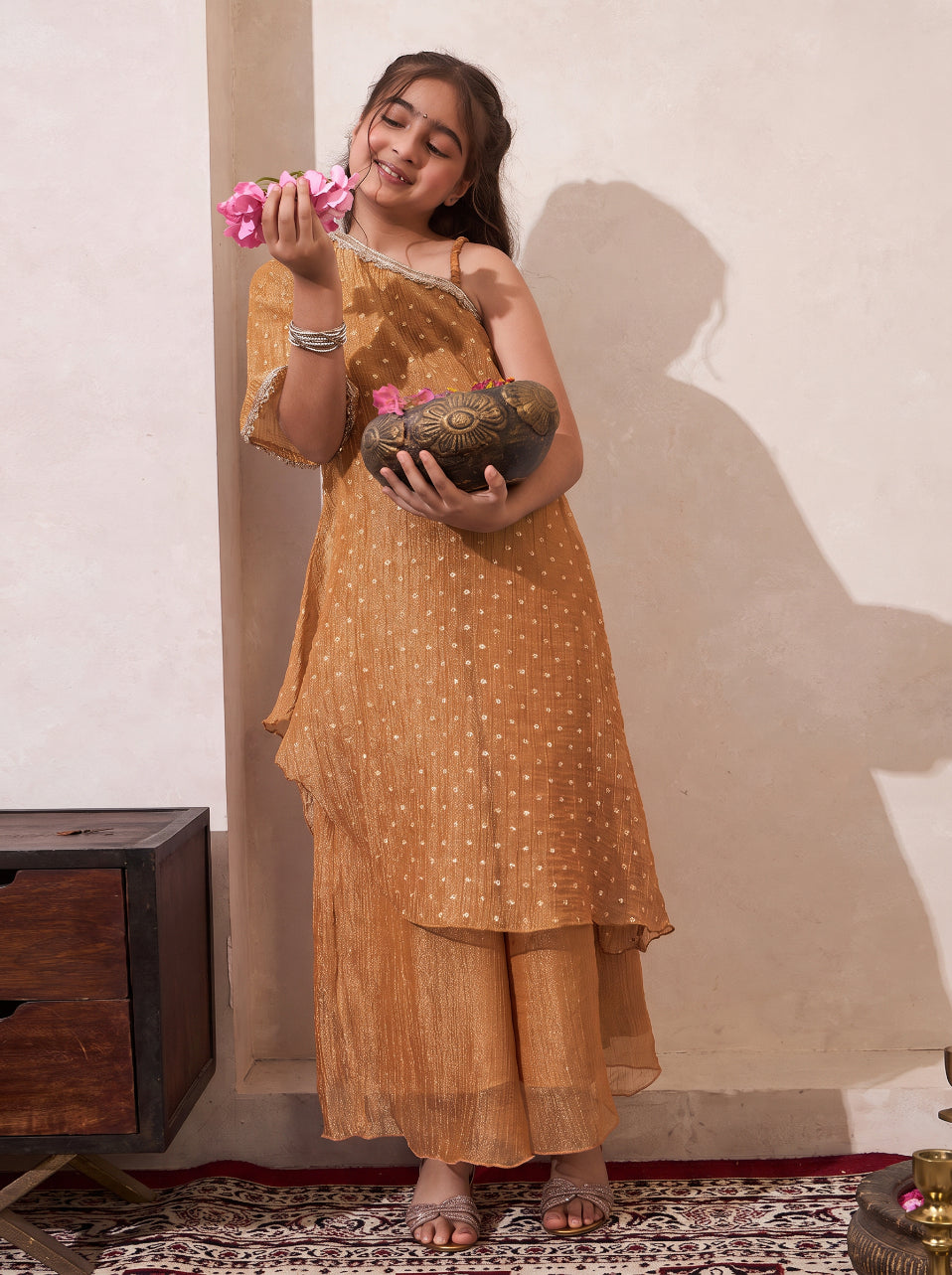 Golden Solid Shimmer Butta One Shoulder Kurta With Palazzo