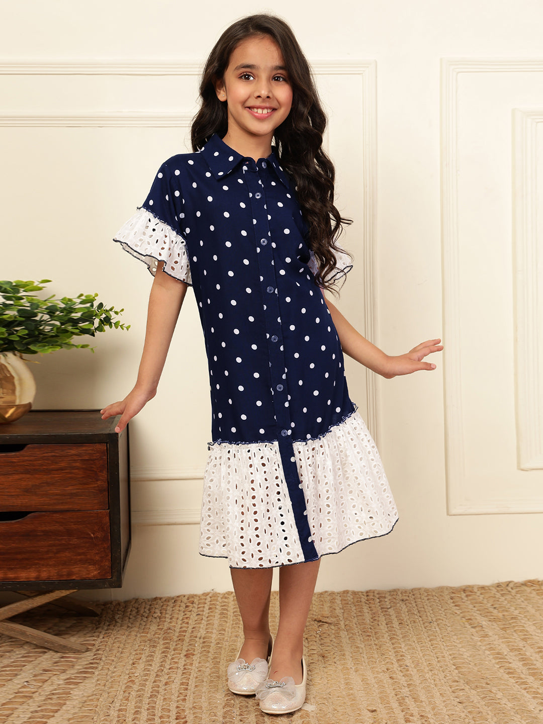Polka Dot Loose-Fit Schiffli Tiered Shirt Dress