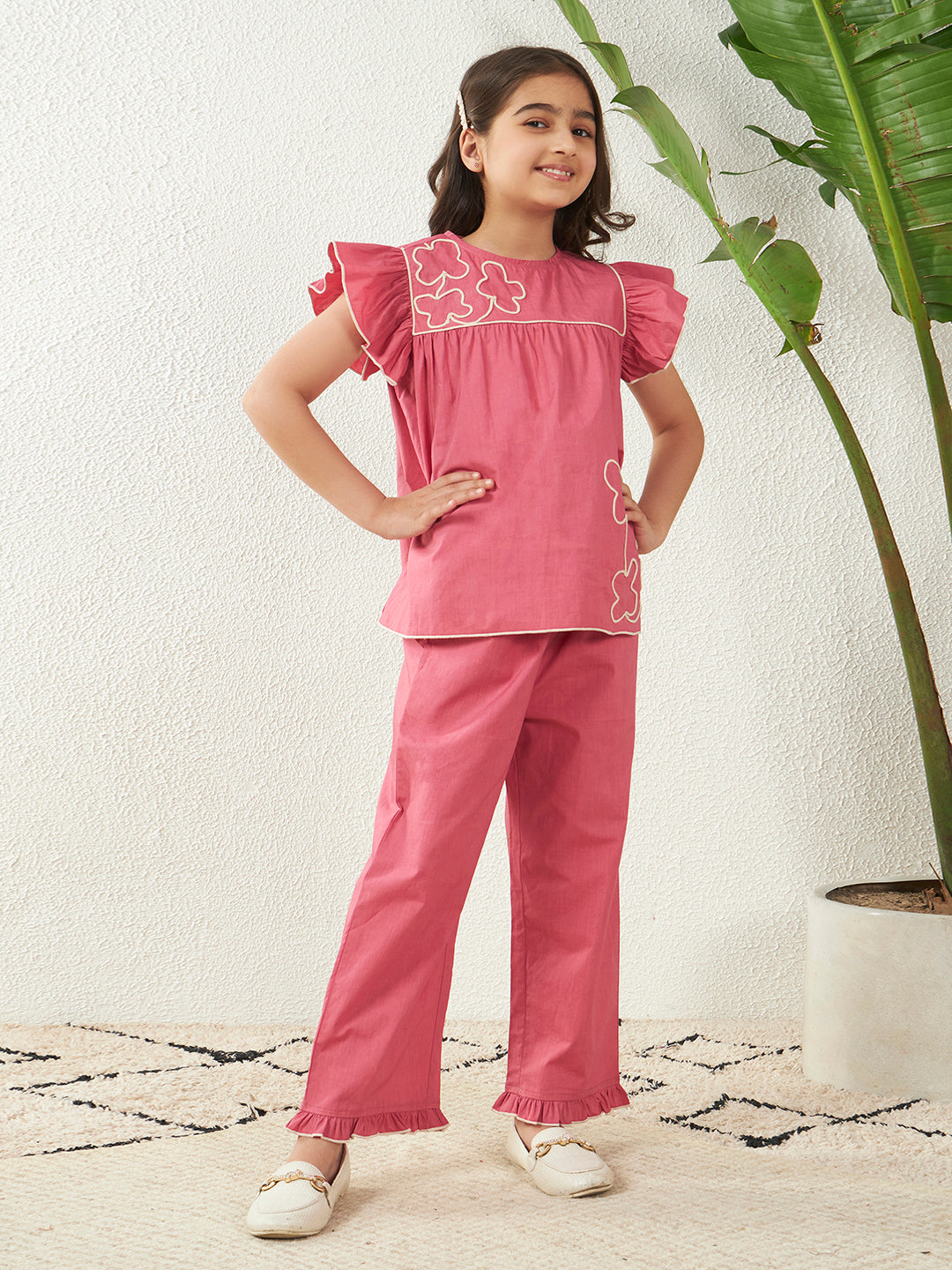 Girls Pink Cotton Poplin Dori Work Top & Frill Pant Co-Ord Set