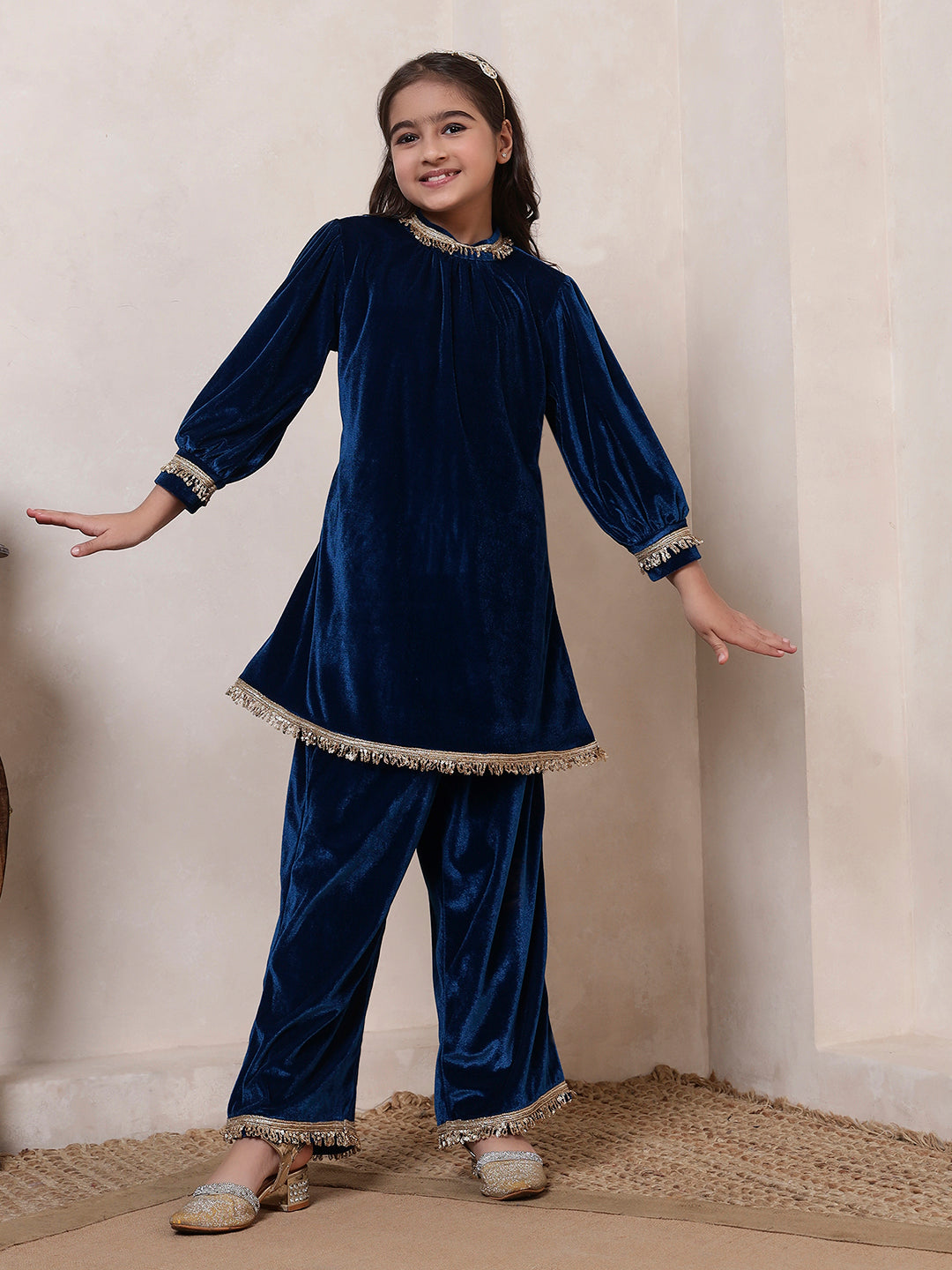 Teal Blue Velvet Band Collar Kurta Set
