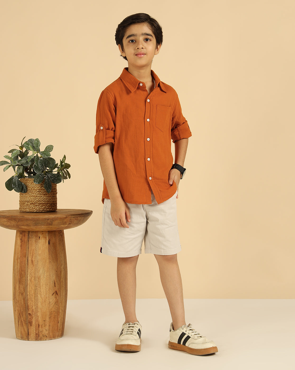 Pure Cotton Tan Brown Solid Boys Shirt