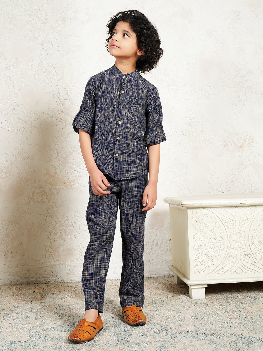 Navy Blue Pure Cotton Handloom Cotton Co-Ord Set For Boys