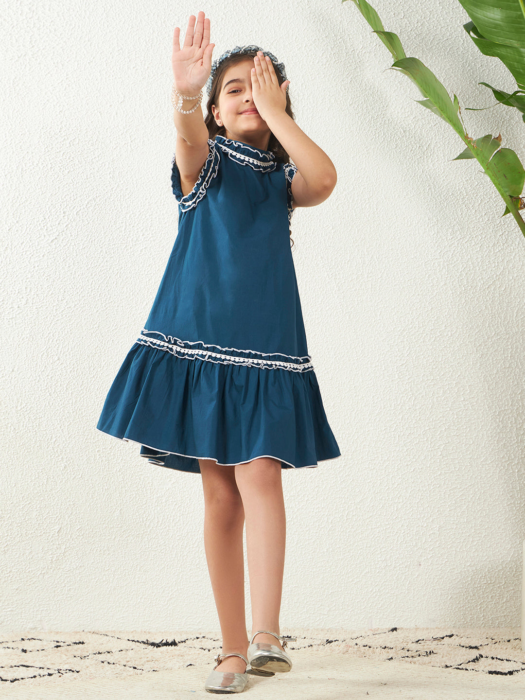 Teal Blue Cotton Round Neck Poplin A-Line Knee Length Dress
